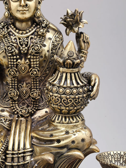 12" Superfine Goddess Lakshmi with wealth Pot | Brass Statue on Wood Base