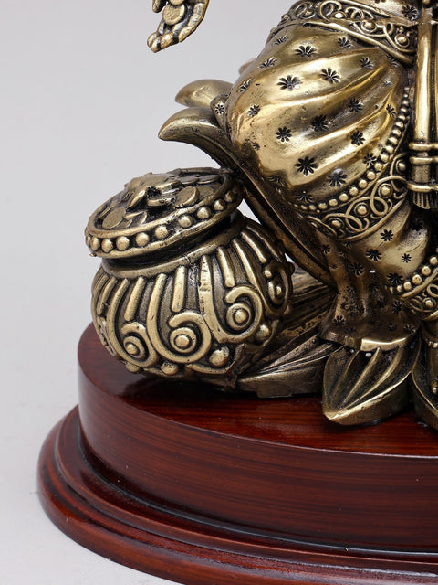 12" Superfine Goddess Lakshmi with wealth Pot | Brass Statue on Wood Base