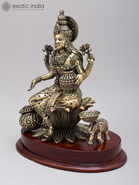12" Superfine Goddess Lakshmi with wealth Pot | Brass Statue on Wood Base