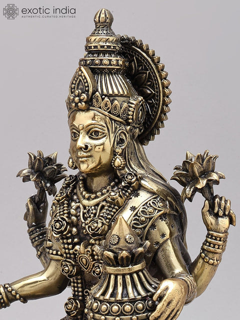 12" Superfine Goddess Lakshmi with wealth Pot | Brass Statue on Wood Base