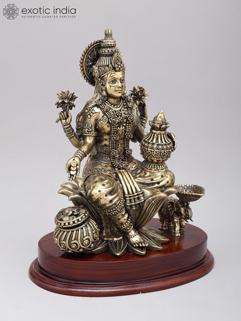 12" Superfine Goddess Lakshmi with wealth Pot | Brass Statue on Wood Base