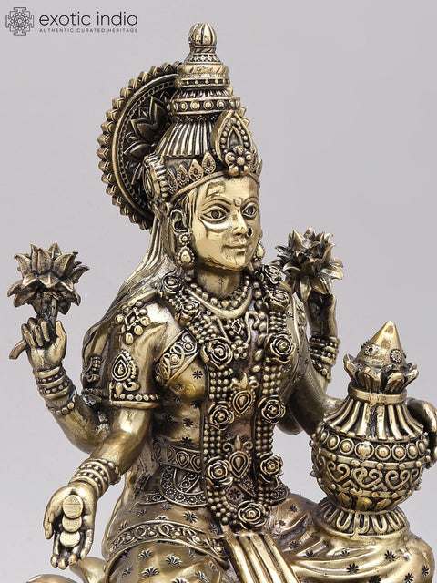 12" Superfine Goddess Lakshmi with wealth Pot | Brass Statue on Wood Base