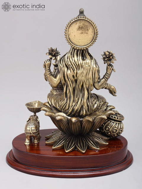 12" Superfine Goddess Lakshmi with wealth Pot | Brass Statue on Wood Base