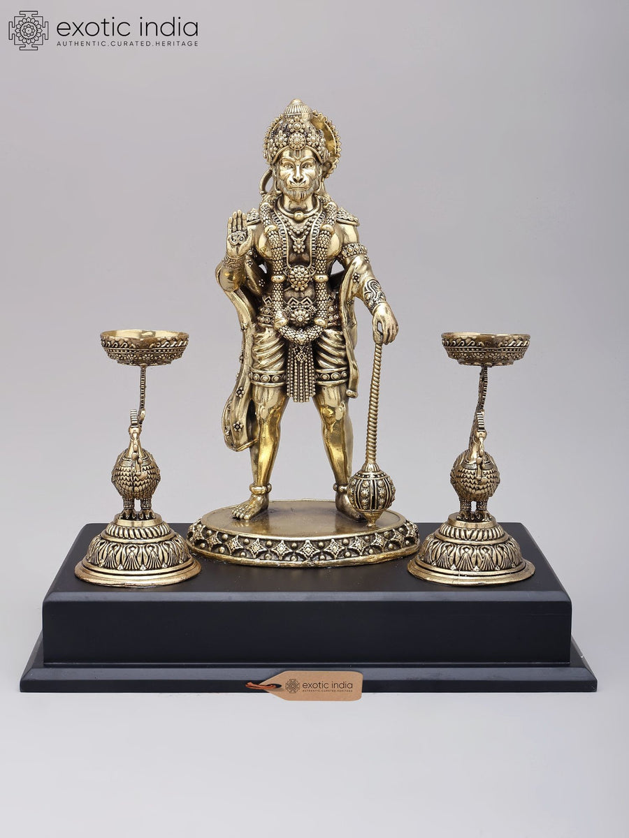 12" Brass Lord Hanuman Standing Statue with Blessing Gesture and Peacock Lamps