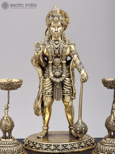 12" Superfine Standing Lord Hanuman in Blessing Gesture with Peacock Lamps | Brass Statue on Wood Base