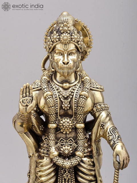 12" Superfine Standing Lord Hanuman in Blessing Gesture with Peacock Lamps | Brass Statue on Wood Base