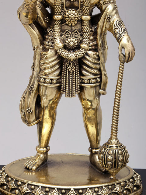 12" Superfine Standing Lord Hanuman in Blessing Gesture with Peacock Lamps | Brass Statue on Wood Base