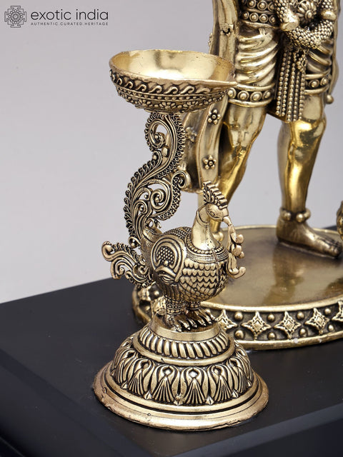 12" Superfine Standing Lord Hanuman in Blessing Gesture with Peacock Lamps | Brass Statue on Wood Base