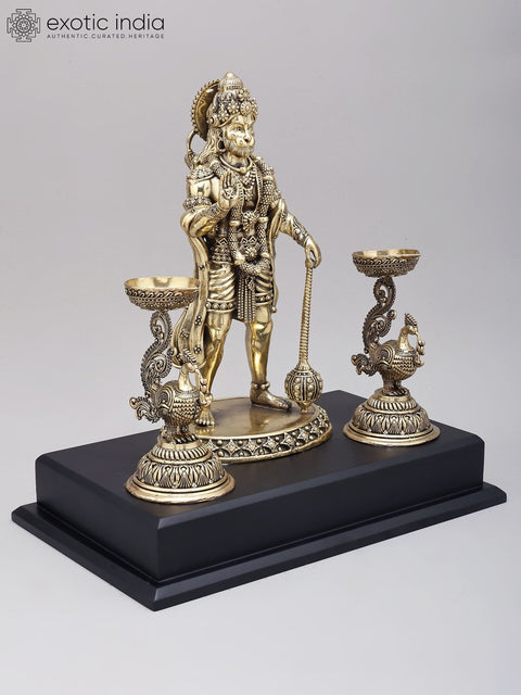12" Superfine Standing Lord Hanuman in Blessing Gesture with Peacock Lamps | Brass Statue on Wood Base