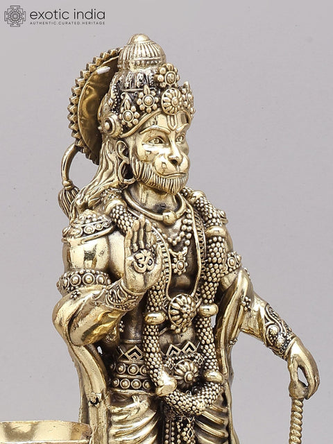 12" Superfine Standing Lord Hanuman in Blessing Gesture with Peacock Lamps | Brass Statue on Wood Base