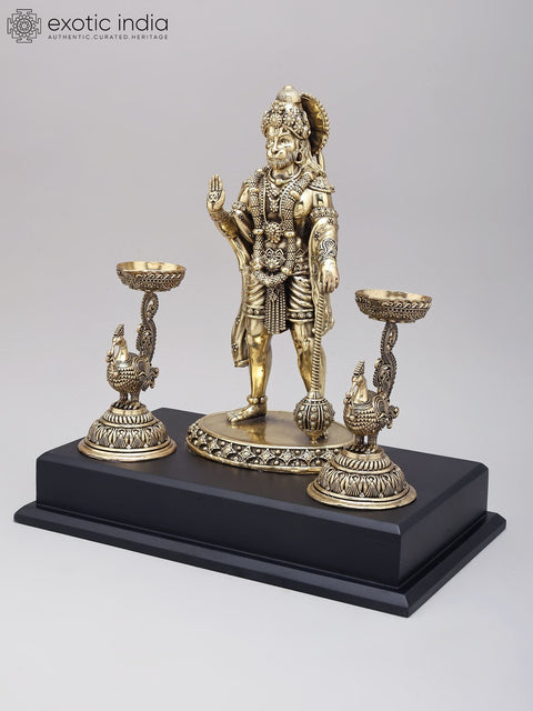 12" Superfine Standing Lord Hanuman in Blessing Gesture with Peacock Lamps | Brass Statue on Wood Base