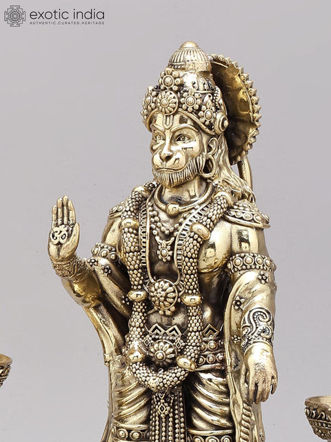 12" Superfine Standing Lord Hanuman in Blessing Gesture with Peacock Lamps | Brass Statue on Wood Base