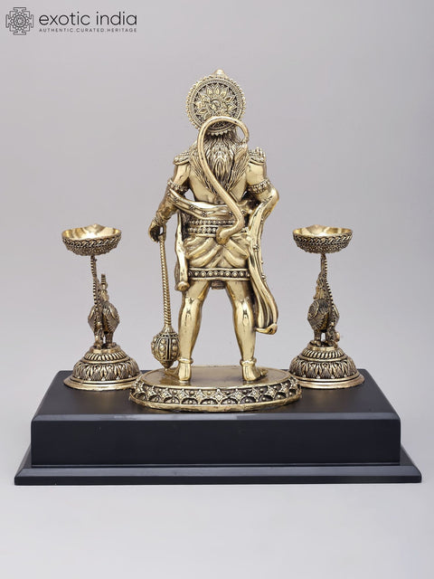 12" Superfine Standing Lord Hanuman in Blessing Gesture with Peacock Lamps | Brass Statue on Wood Base