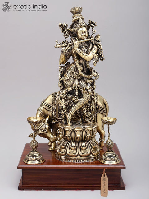 14" Superfine cow Krishna Statue | Brass Statue on Wood Base