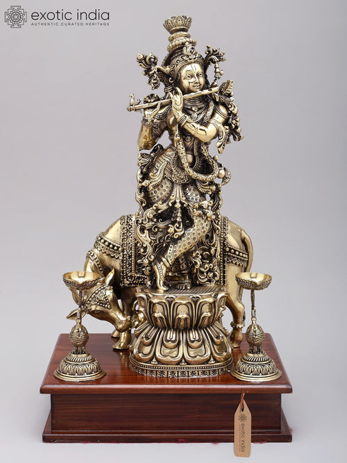 14" Brass Cow Krishna Handmade Statue on Wood Base