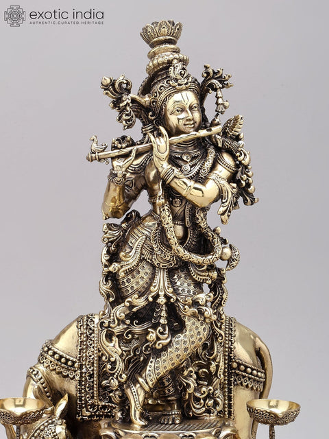 14" Superfine cow Krishna Statue | Brass Statue on Wood Base