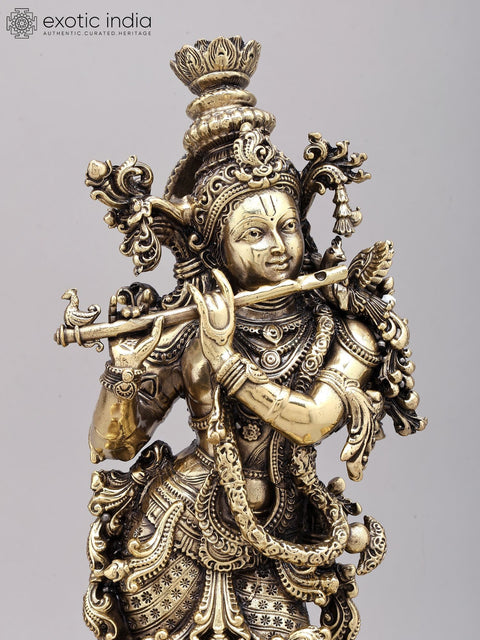 14" Superfine cow Krishna Statue | Brass Statue on Wood Base