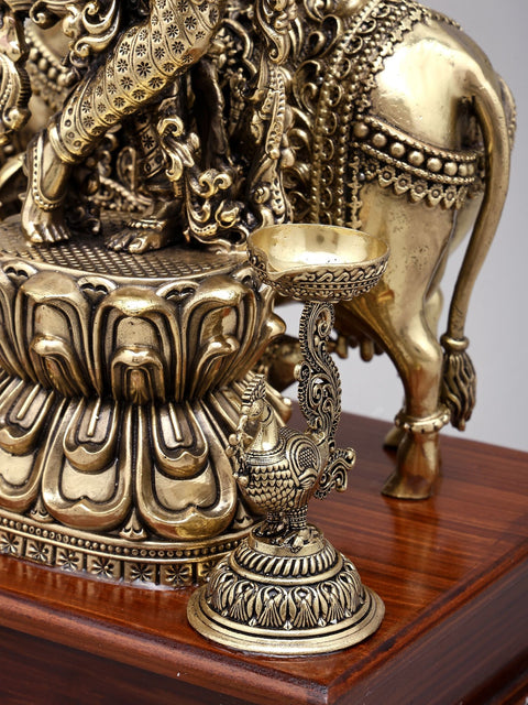 14" Superfine cow Krishna Statue | Brass Statue on Wood Base