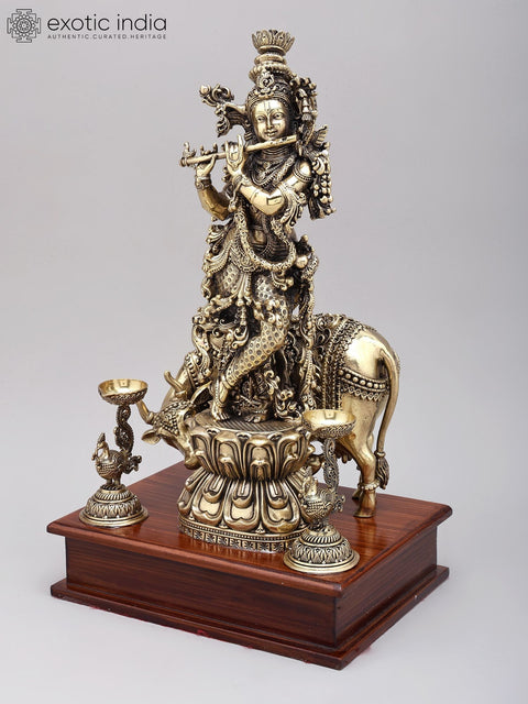 14" Superfine cow Krishna Statue | Brass Statue on Wood Base