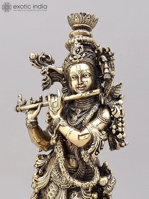 14" Superfine cow Krishna Statue | Brass Statue on Wood Base