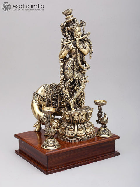 14" Superfine cow Krishna Statue | Brass Statue on Wood Base