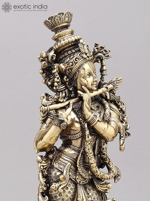 14" Superfine cow Krishna Statue | Brass Statue on Wood Base
