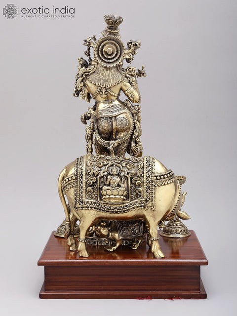 14" Superfine cow Krishna Statue | Brass Statue on Wood Base
