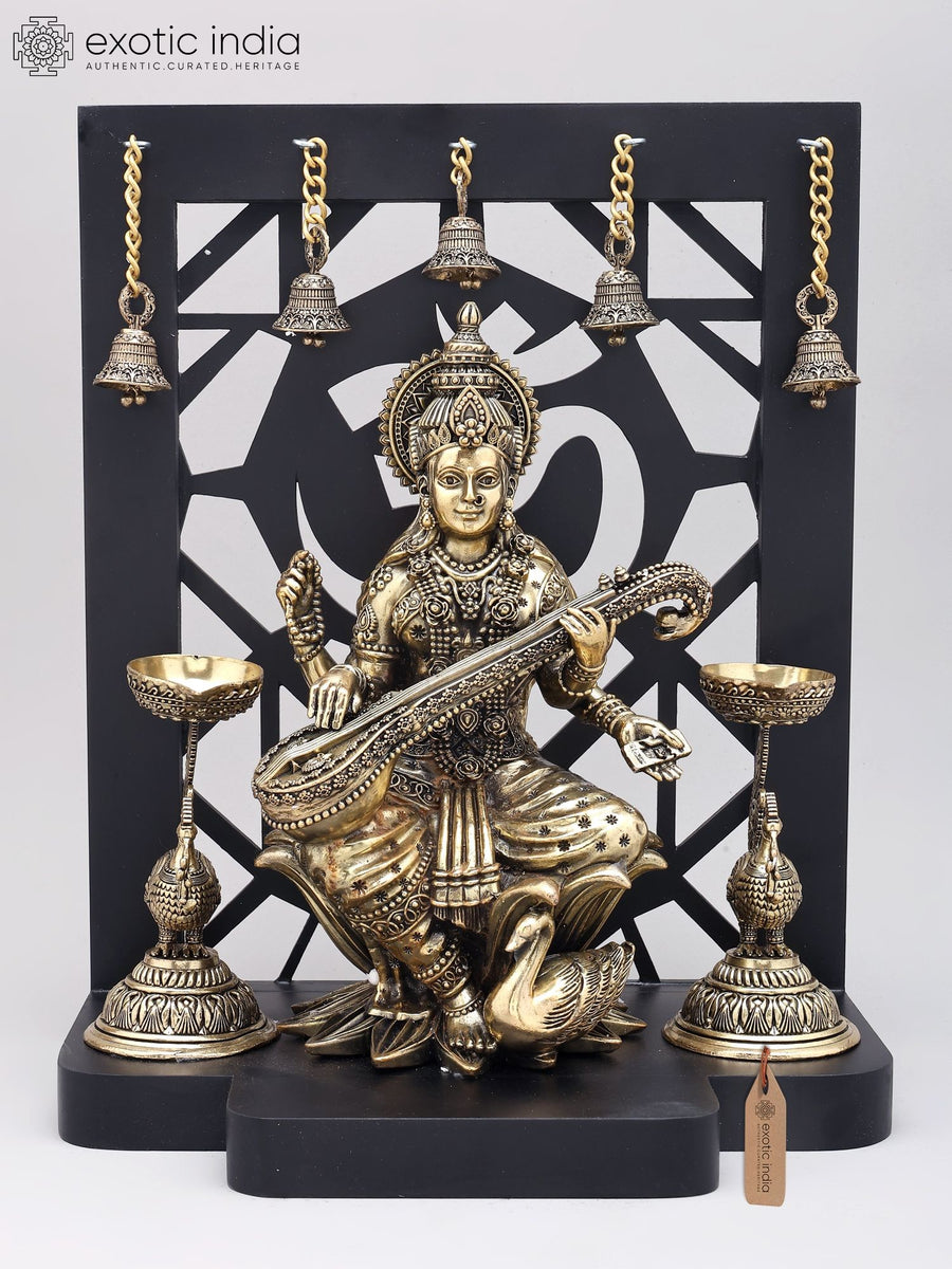 14" Handmade Goddess Saraswati Brass Idol with Wood Frame