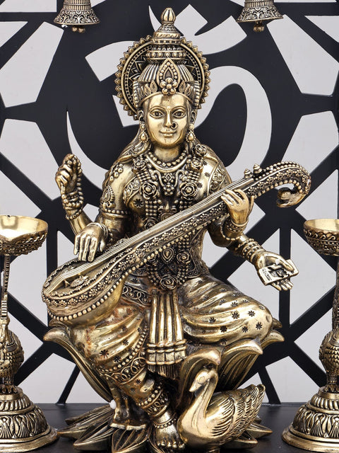 14" Superfine Goddess Saraswati Brass Idol with Om Design Wood Frame