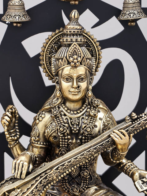 14" Superfine Goddess Saraswati Brass Idol with Om Design Wood Frame