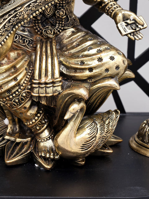 14" Superfine Goddess Saraswati Brass Idol with Om Design Wood Frame