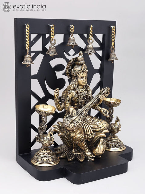 14" Superfine Goddess Saraswati Brass Idol with Om Design Wood Frame