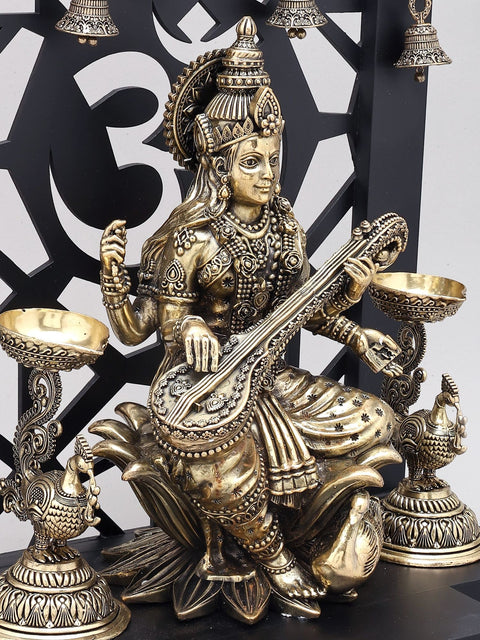 14" Superfine Goddess Saraswati Brass Idol with Om Design Wood Frame