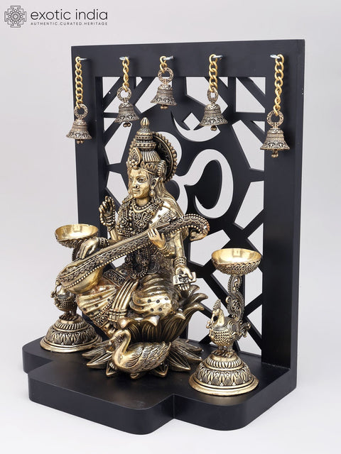14" Superfine Goddess Saraswati Brass Idol with Om Design Wood Frame