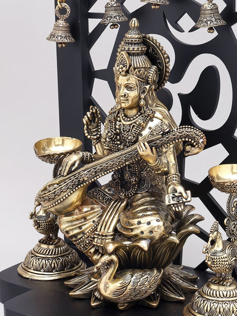 14" Superfine Goddess Saraswati Brass Idol with Om Design Wood Frame