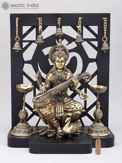 14" Superfine Goddess Saraswati Brass Idol with Om Design Wood Frame