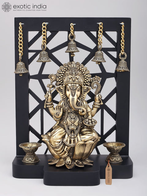 12" Superfine Chaturbhuja Lord Ganesha with Lamps and Bells | Brass Statue on Wood Base