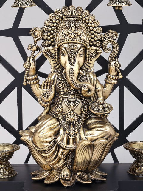 12" Superfine Chaturbhuja Lord Ganesha with Lamps and Bells | Brass Statue on Wood Base