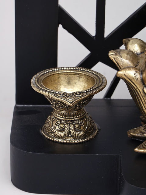 12" Superfine Chaturbhuja Lord Ganesha with Lamps and Bells | Brass Statue on Wood Base
