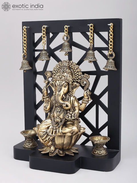12" Superfine Chaturbhuja Lord Ganesha with Lamps and Bells | Brass Statue on Wood Base
