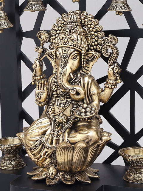 12" Superfine Chaturbhuja Lord Ganesha with Lamps and Bells | Brass Statue on Wood Base