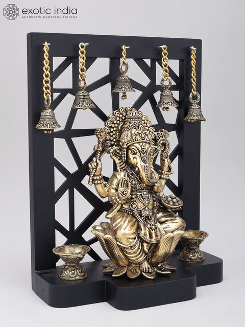 12" Superfine Chaturbhuja Lord Ganesha with Lamps and Bells | Brass Statue on Wood Base