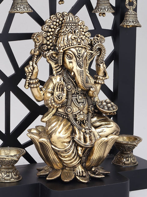 12" Superfine Chaturbhuja Lord Ganesha with Lamps and Bells | Brass Statue on Wood Base