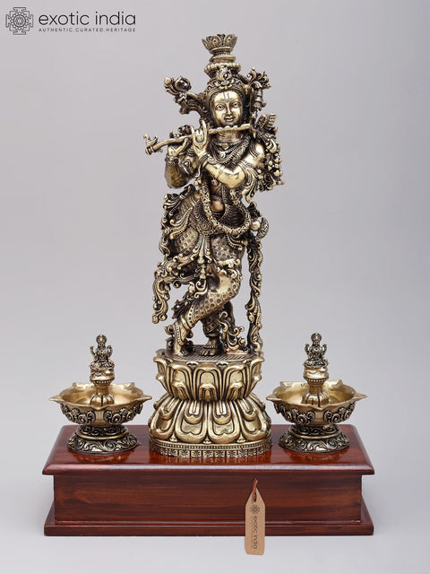 14" Superfine Fluting Lord Krishna with Peacock Lamps | Brass Statue on Wood Base