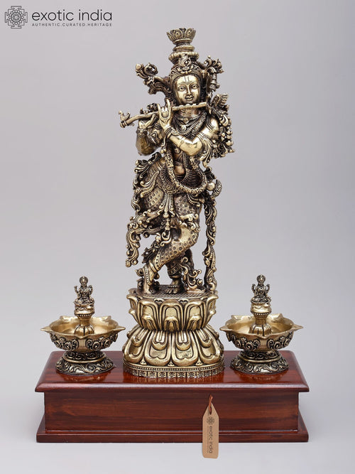 14" Handmade Brass Lord Krishna with Peacock Lamps Statue on Wood Base