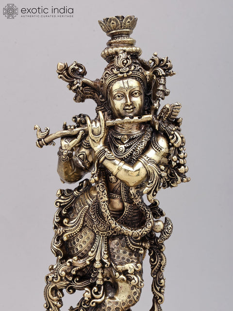 14" Superfine Fluting Lord Krishna with Peacock Lamps | Brass Statue on Wood Base