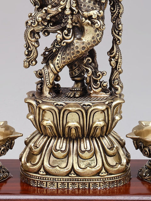 14" Superfine Fluting Lord Krishna with Peacock Lamps | Brass Statue on Wood Base