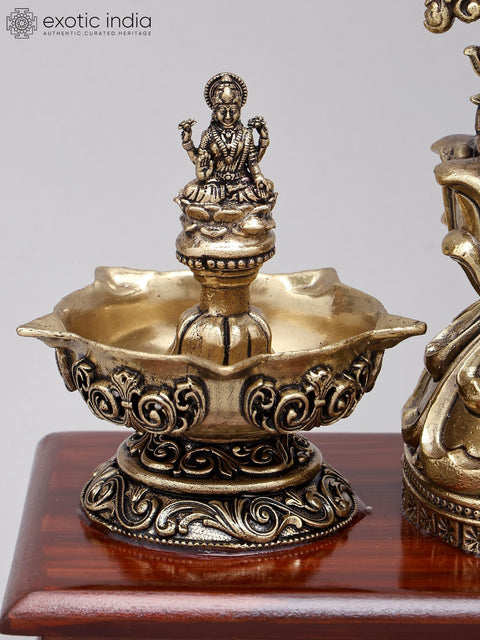 14" Superfine Fluting Lord Krishna with Peacock Lamps | Brass Statue on Wood Base