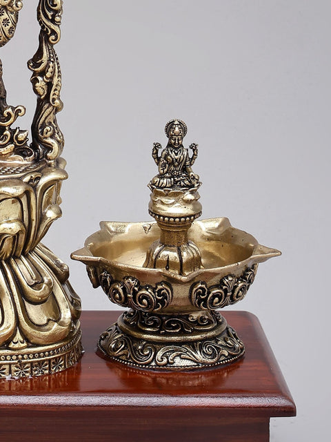 14" Superfine Fluting Lord Krishna with Peacock Lamps | Brass Statue on Wood Base