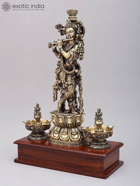 14" Superfine Fluting Lord Krishna with Peacock Lamps | Brass Statue on Wood Base